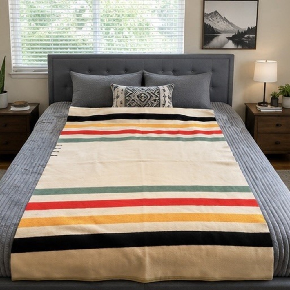 Mid Century 4 Point Wool Blanket Striped Twill Weave 1950s 1960s
